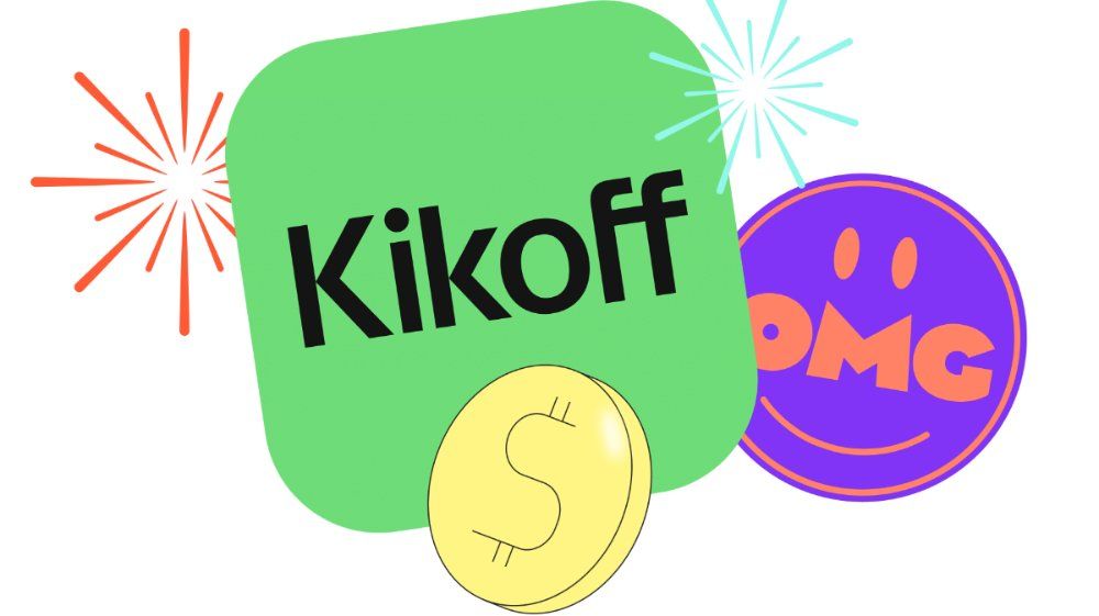 Klover and Kikoff promotional email graphic with speech bubbles, a gold coin and fireworks.